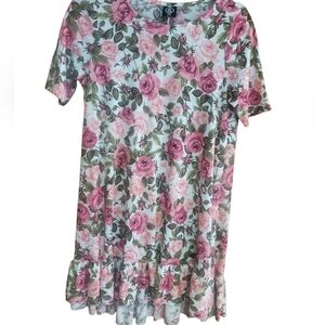 Agnes & Dora S/S Pink Rose Floral Tee Shirt Ruffle Hem Dress Size S